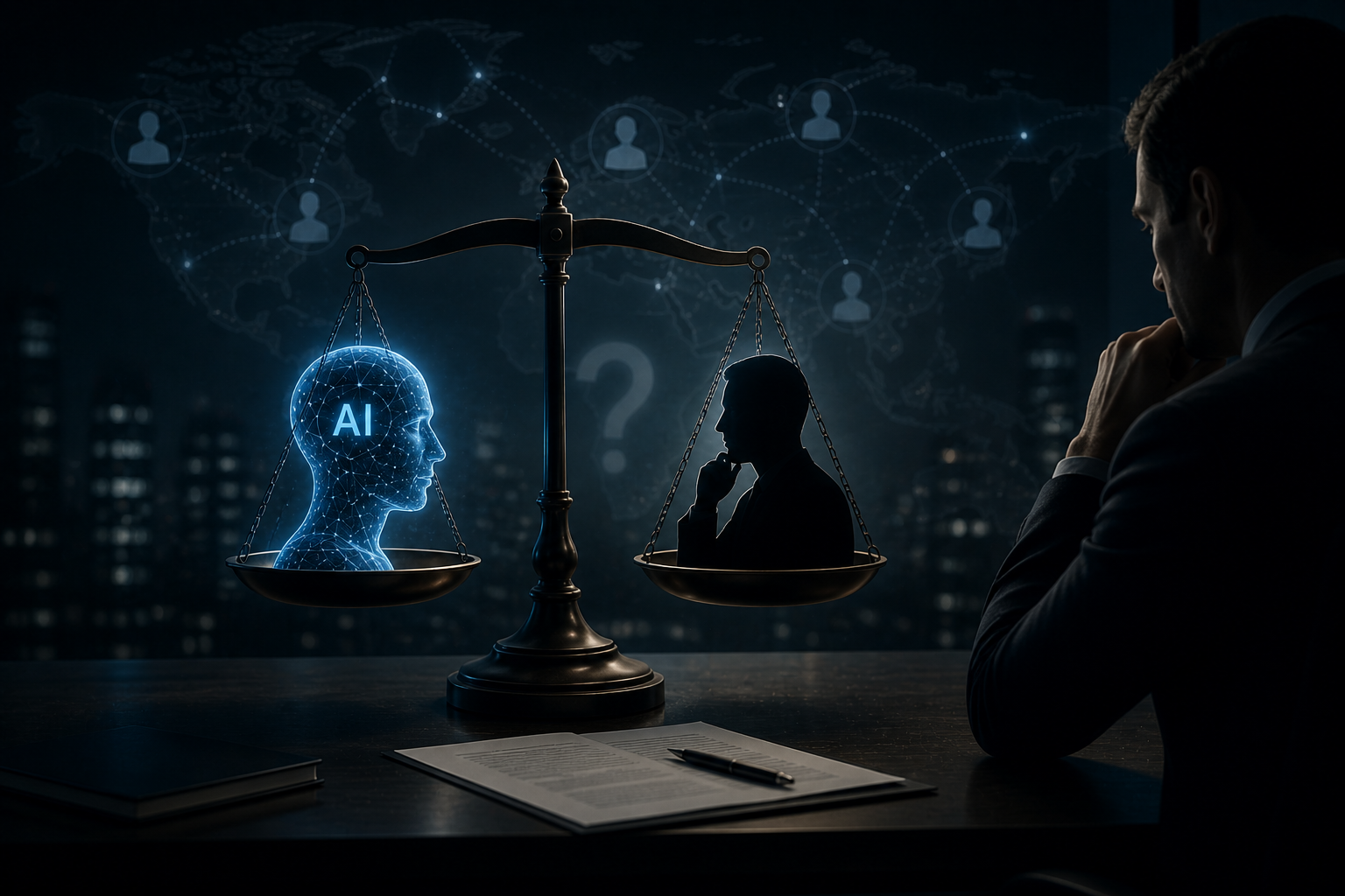 Split image: a human leader speaking to a team on one side, an AI avatar on the other — authenticity vs scale