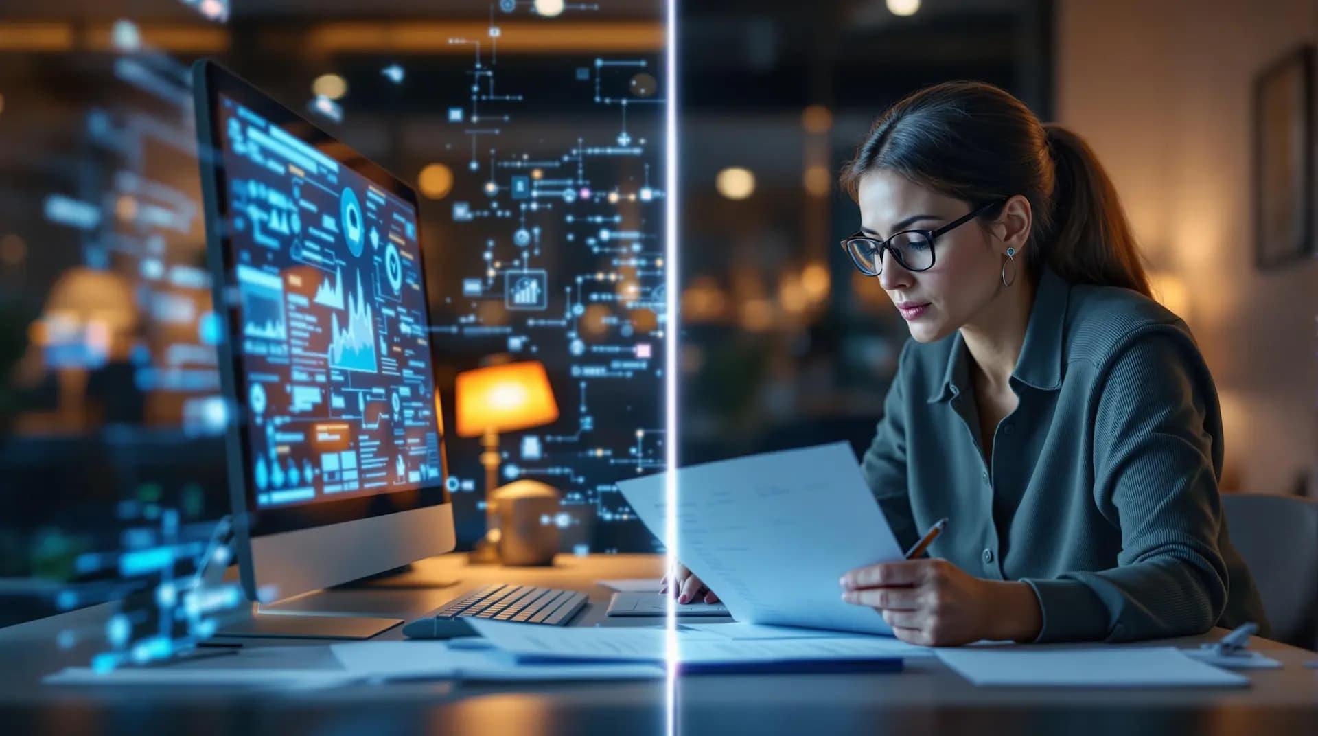 Human professional reviewing AI-generated document at a desk — the verification step that separates safe AI use from risky AI use
