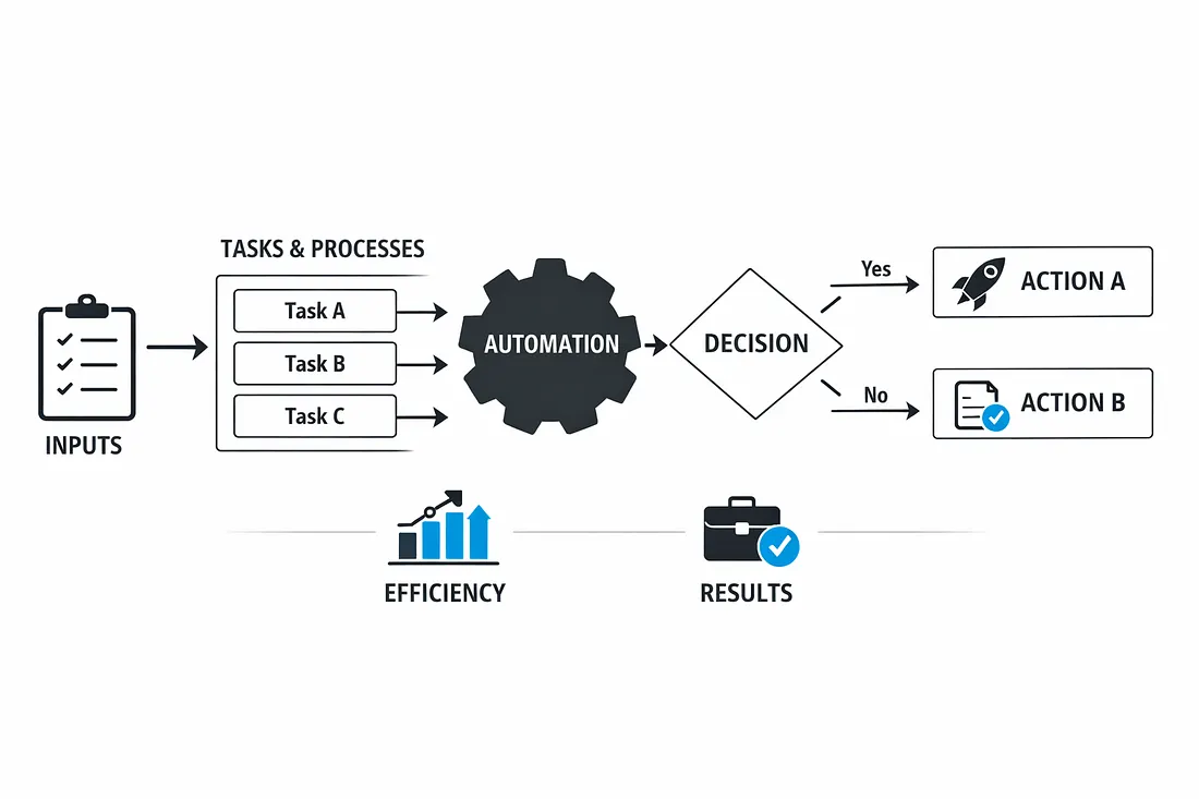 Automation process diagram showing inputs, tasks, decision points and outcomes — the correct mental model