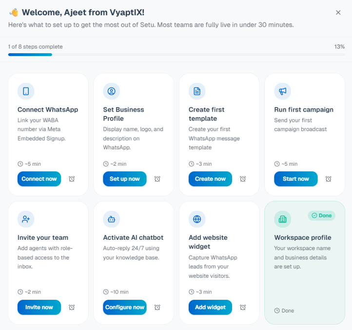 Guided Onboarding — 8-step checklist gets your team from zero to live in under 30 minutes