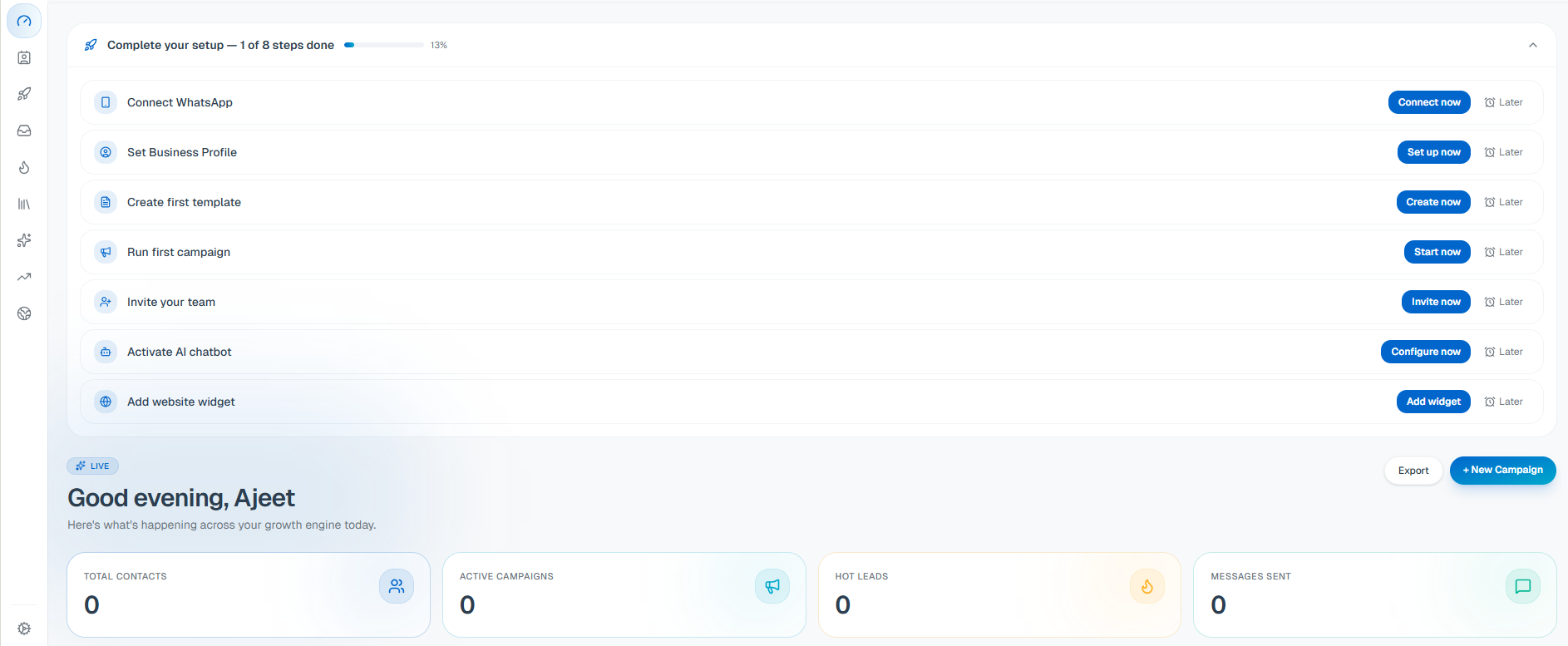 Live Dashboard — contacts, active campaigns, hot leads, and messages sent at a glance